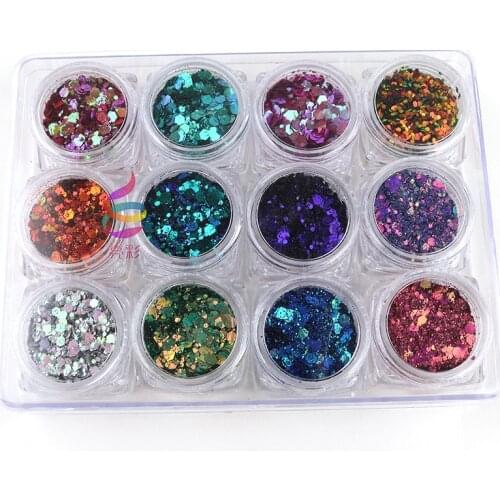 12 Jars Color Shift Glitter/ Blue Green Pink / Chunky Glitter Mix / Solvent Resistant / Tumbler Glitter / Nail Art Glitter