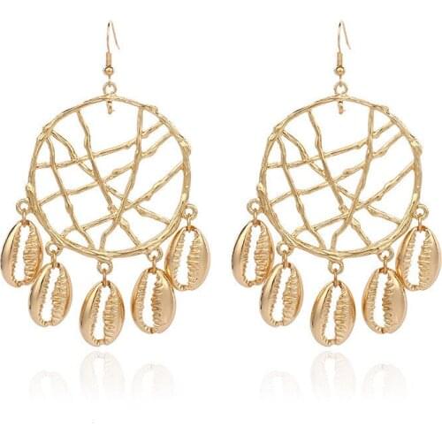 2021 Real Pendientes Earing Brinco Bohemia Dreamcatcher Metal Shell Circle Pendant Earrings Cross-border European Jewelry Ce566