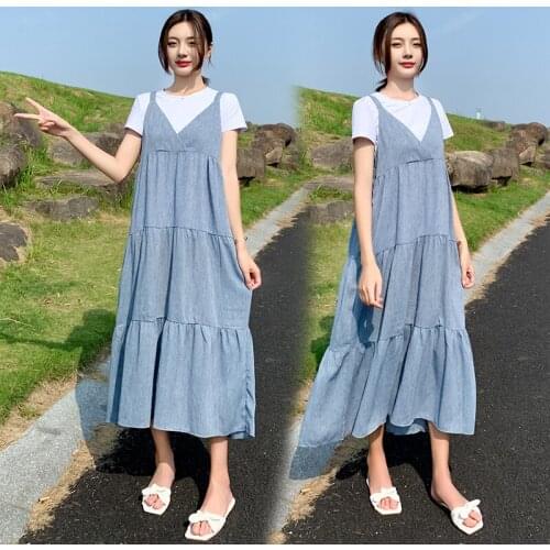 8803# T shirt + Dress Maternity Clothes Loose Stylish Thin Short Sleeves two-piece Dress for Pregnant Women Pregnancy Clothes