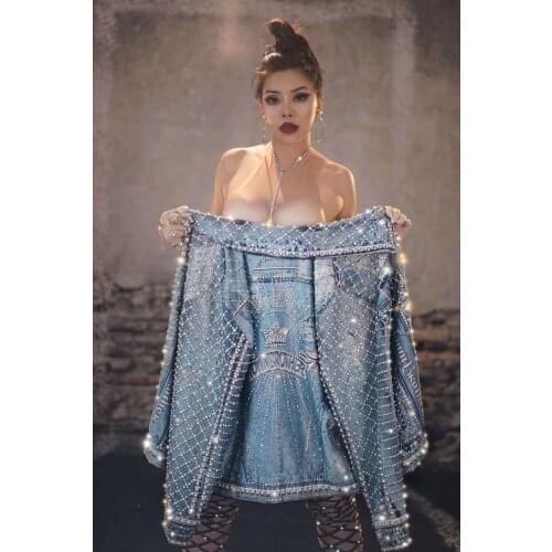 Diamond Pearl Shiny Blue Denim Jacket Bar Ds singer nightclub bar stage show costume coat bodysuit