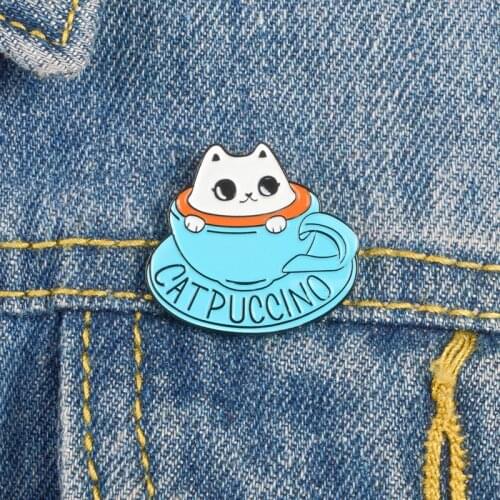 Cute Cat Blue Coffee Cup Brooch for Men Women Cartoon Shirt Enamel Pin Broches Badge Pines Metalicos Jewelry Brosche Accessories