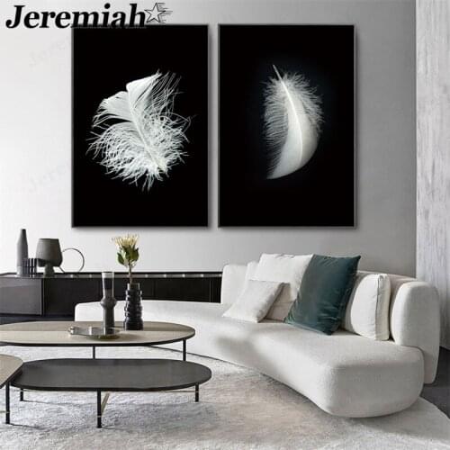 Black and White Feather Canvas Painting Flower Plant Simple Poster Wall Art Modern Room Home Decoration Accessories