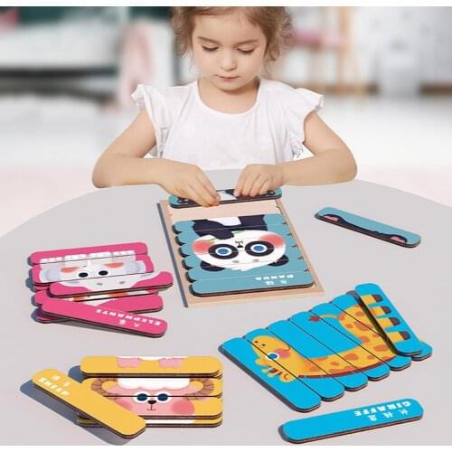 Wooden Animal Dinosaur Vehicle Car Strip Stick Matching Puzzle Children Kids Montessori Educational Toy Gift