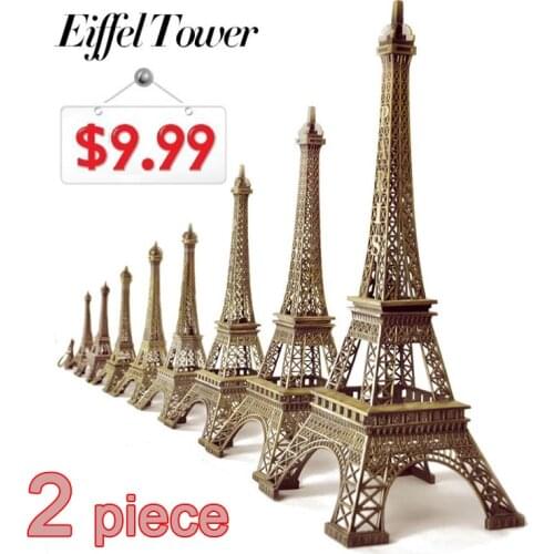 Hot Sale! 2pcs/set (22cm+18cm) Bronze Tone Paris Eiffel Tower Figurine Statue Antique Home Decoration Vintage Metal Crafts Model