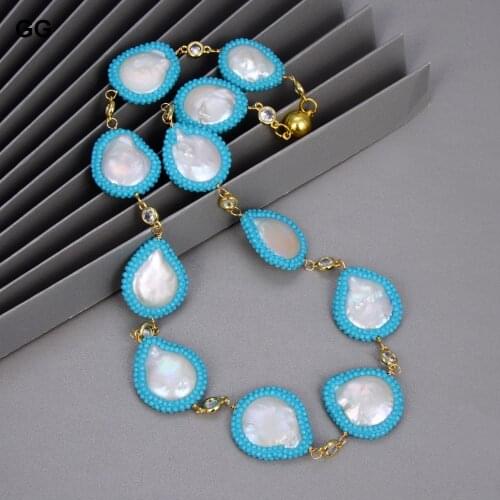 GuaiGuai Jewelry 19" White Coin Pearl Blue Crystal Pave Cz Necklace