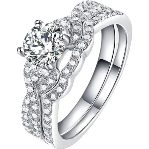 2 Pcs Solid 925 Sterling Silver Womens Wedding Ring Sets Victorian Style White CZ Stones Classic Jewelry For Women