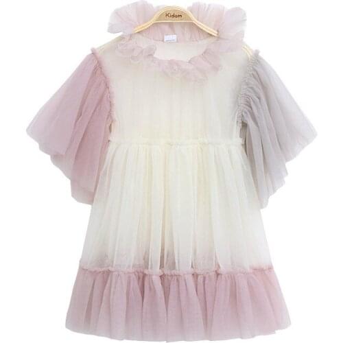 Girls Yarn Skirt Suit Suspenders Bat Sleeve Mesh Yarn Dress Princess Fairy Skirt Performance Costume Two Piece Set