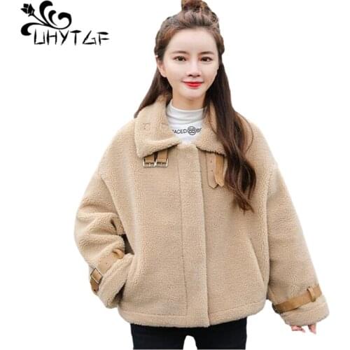 UHYTGF Quality Sheep Shearing Winter Fur Jacket Women 2020 New Student Short Outerwear Lambswool Casual Warm Plus Size Coat 1136
