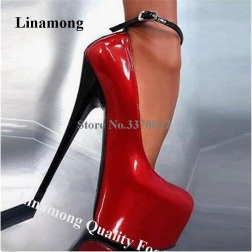 Linamong Ladies Shining Patent Leather High Platform Stiletto Heel Pumps Patchwork Ankle Strap Super High Heels Club Dress Heels