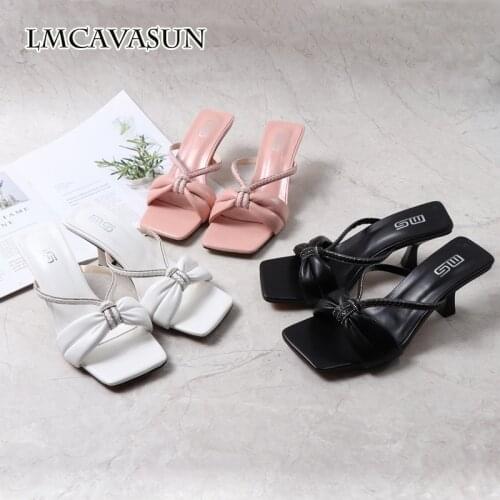 LMCAVASUN 2021 net celebrity fashion square toe rhinestone high heel sandals feminine transparent with thick heel sandals