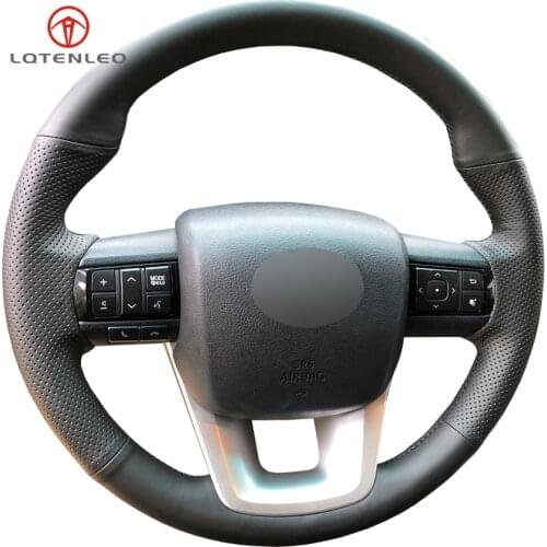 LQTENLEO Black Genuine Leather DIY Hand-stitched Car Steering Wheel Cover for Toyota Fortuner 2016-2019 Hilux 2015-2019