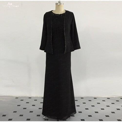 LZF089 Bead Crystal Sleeveless Long Black Evening Dresses With Bead Jacket Two piece Mother Of The Bride Dress