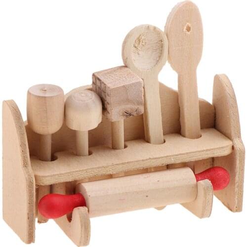 Dollhouse Miniature 1:12 Kitchen Utensils Wooden Kitchenware with Holder, Doll House Kitchen Tools Set Decor Furniture