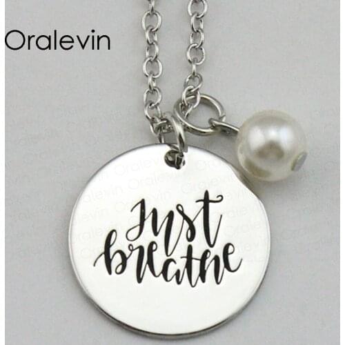 Fashion Simple JUST BREATHE Inspirational Hand Stamped Engraved Custom Charm Pendant Necklace Gift Jewelry,10Pcs/Lot, #LN1902