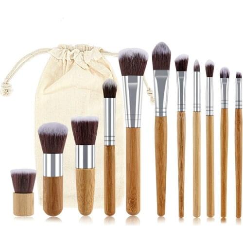 Makeup Brushes Set High Quality Foundation Blending Cosmetic Make Up Tool Set With Cotton BagHot 11pcs Natural Bamboo Handle