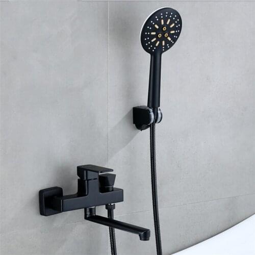Bathroom Bathtub Faucet Set Hot & Cold Solid Brass With Handheld Shower Faucet Mixer Tap Wall Mount Fixed Base Black New Arrival