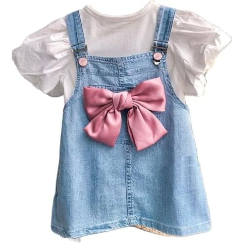 Girls Cowboy Strap Dress Outfits Big Bowknot Children Princess Clothes Baby Kids White Puffy Sleeve Top + Denim Dress 2Pcs Sets
