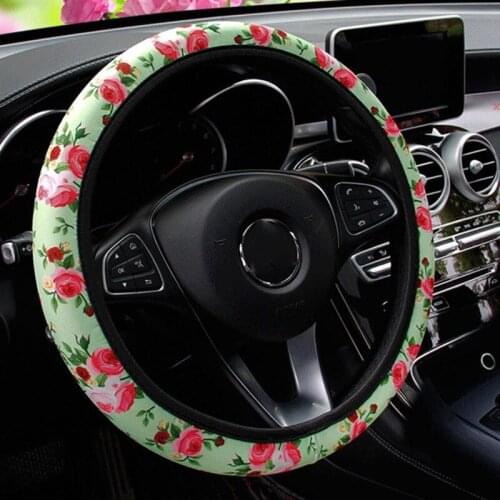 Rose Flower Car Steering Wheel Cover Decor Anti-Slip Knitted Cloth Floral Embossing Printing Auto Steering Wheel Case Protectior