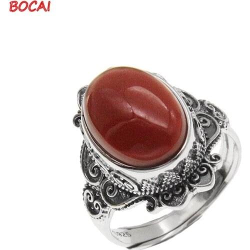 S925 sterling silver inlaid southern red agate ring female retro ethnic style Thai silver wild temperament elegant opening adjus