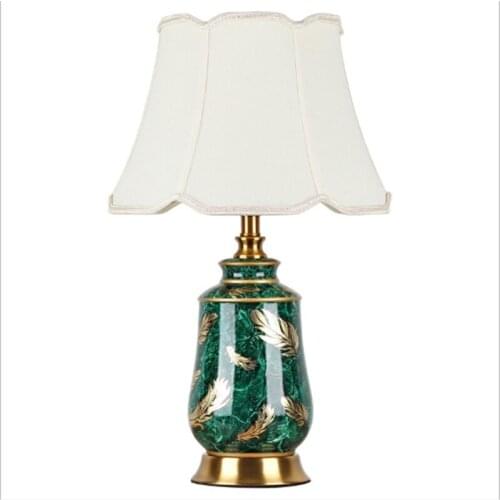 Elegant Feathers Pattern Green Ceramic Table Lamp For BedRoom Bedside Living Room Foyer Study Desk Reading Night Light 190158