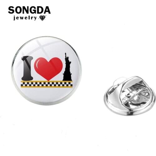 SONGDA I Love Freedom Art Picture Pins Vintage The Statue of Liberty Landmark of New York Brooch Pin Handmade Glass Dome Jewelry