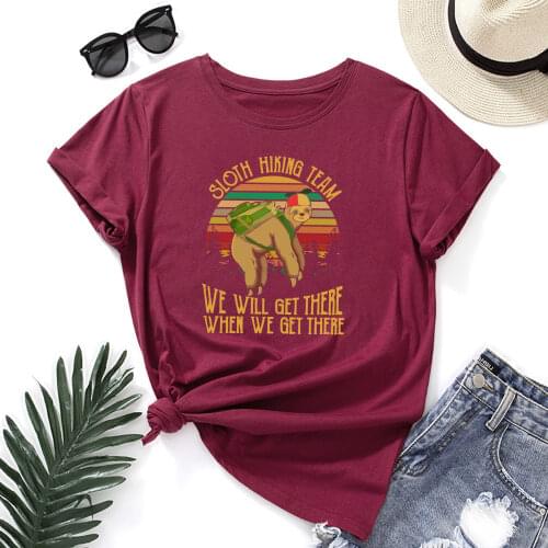 Sloth Hiking Team We Will Get There Graphic Tee Tops Women Short Sleeve Crewneck Summer Cotton T-Shirts Female Clothes Shirt