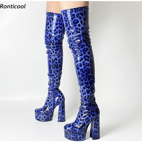 Ronticool New Arrival Women Thigh Boots Patent Leather Side Zipper Hoof Heels Round Toe Leopard Party Shoes Women Us Size 5-15