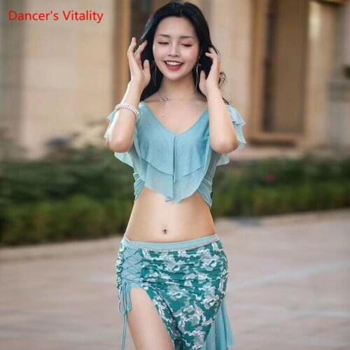 Women Belly Dance Suit 2019 short Sleeves top+split long skirt 2 Pcs Set For Lady Performance Dance Suits