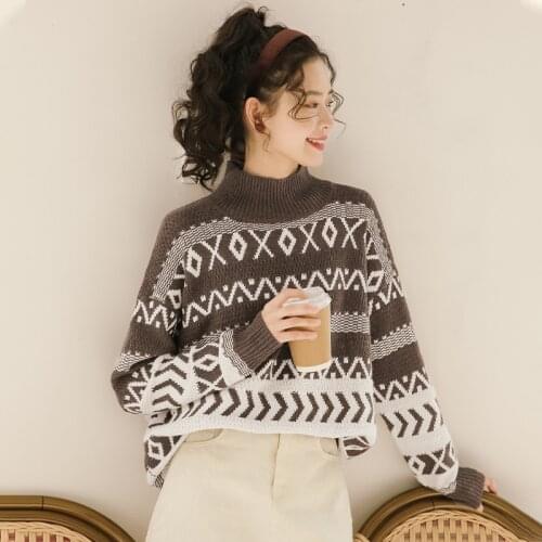 2021 New Autumn Winter High Collar Korean Fashion Thick Sweater Women Clothing Knitted Color Block Rhombus Loose Long Sleeve Top