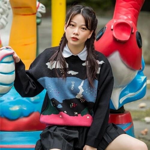 Bebobsons Three-dimensional Pattern Landscape Double Jacquard Women Winter Pullover Sweater Long Sleeve Black Knitted Tops Loose