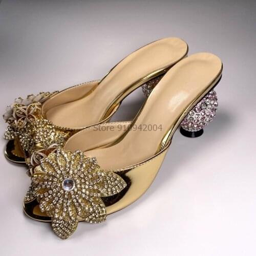 Gold High Heels Sandal Women Deep Toe Sequins Flowers Decor Slippers Summer Sandalias Sexy Party Dress Shoes Ball stilettos