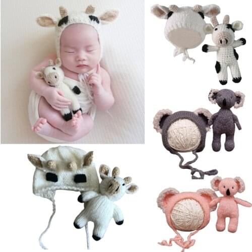 1Set Newborn Photography Prop Costume Crochet Knitted Baby Beanies Cap With kawaii Stuffed Cow Toy Infant Photo Shooting Clothes
