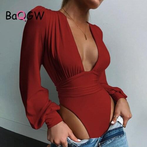 BaQGW Deep V Neck Bodysuit Women Sexy Puff Sleeve Bodycon Jumpsuit Solid Elastic Casual Party Club Winter Bodysuits Body Tops