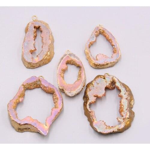 Big pink Crystal necklace pendant Gold Plating Irregular Natural agates Druzy Stone earring Pendant For women Jewelry Making