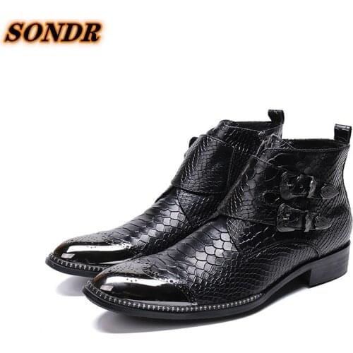 Chelsea Men Genuine Leather Shoes Iron Toe Office Formal Wedding Python Skin Double Buckle Strap Men Ankle Boots Botas Hombre