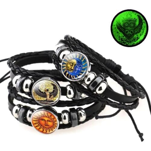 Egypt Religion Bracelet Handmade Bangles Bracelets for Women Jewellery Luminous Glass Cabochon Black Leather Pulseras Wholesale