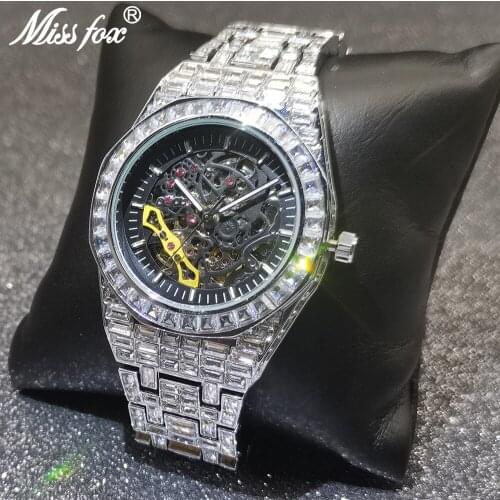 MISSFOX Mechanical Hollow Men Watches Full Diamond Stainless Steel Fashion Automatic Watch Hip Hop Iced Out Luxury Male Clocks
