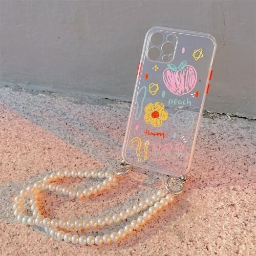For iPhone 12 Pro Max Cute Flower Pearl Chain Phone Case For iPhone 11 Pro Max X XR XS Max 7 8 Plus Bracelet Back Cover Fundas