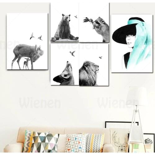 Black White Decor Poster Wall Art Animal Catching Bird Bear Koala Deer Fox Lion Art Poster and Print Canvas Painting Home Decor