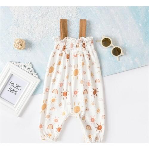 0-12M Baby Summer Rompers Fashion Newborn Infant Boys Girls Sun Print Strap Jumpsuits Long Pants Overalls Cotton Clothes