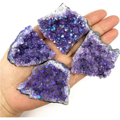 Beautiful 1PC Electroplated Aura Natural Amethyst Quartz Purple Crystal Cluster Healing Stones Specimen Natural Quartz Crystals