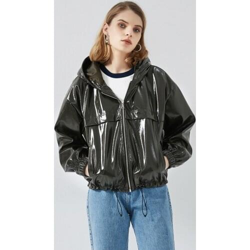 Fashion Shiny Glossy Pu Leather Jackets Female Waterproof Design Hooded Motor Fashion Leather Outerwear F2759