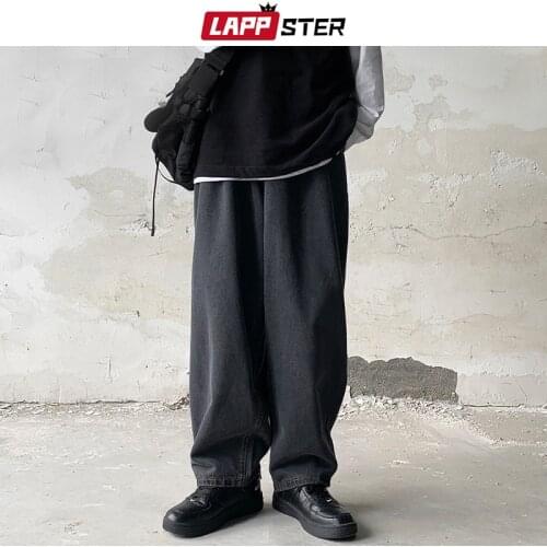 LAPPSTER Men Harajuku Streetwear Baggy Jeans Pants 2021 Mens Korean Fashion Denim Trousers Man Low Rise Wid Leg Causal Jeans 2XL