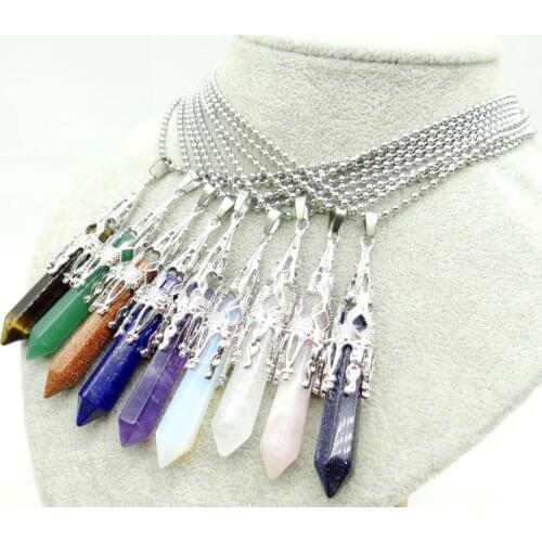 New Product Jewelry Silver Color Faceted Natural Stone Quartz Crystal amethyst Opal Hexagonal Pendulum Suspension Necklace