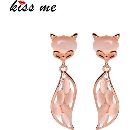 Kissme Cute Little Fox Drop Earrings For Women Unique White Pink Opal Gold Color Animal Earrings New Fashion Jewelry Accessories