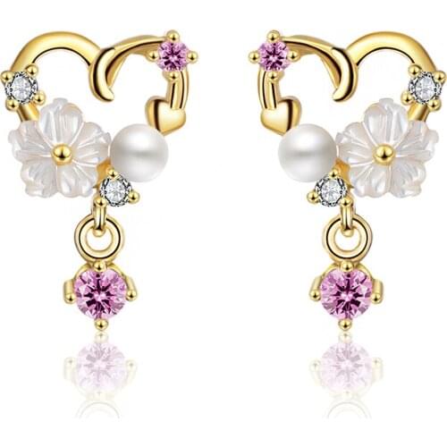 Gold Color Heart Pendant Drop Earrings Korean Style Zirconia Flower Earrings Exquisite Ear Jewelry Wedding party Gifts for Women