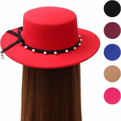Autumn winter fedora hats womens flat brim flat top hat ladies personality pearl imitation wool felt hat Panama hat