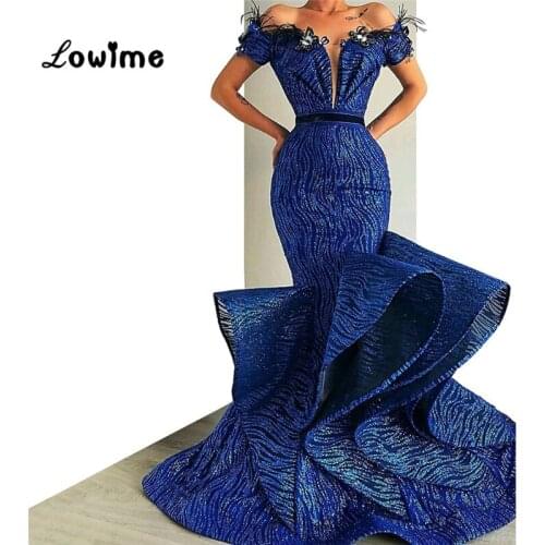 Blue Sparkly Luxury Applique Feather Mermaid Evening Dress Party Pageant Dresses Off The Shoulder Arabic Occasion Gowns 2019