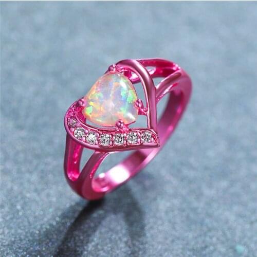 Unique Style White Fire Opal Stone Ring Vintage Pink Gold Wedding Rings For Women Promise Small Heart Engagement Ring