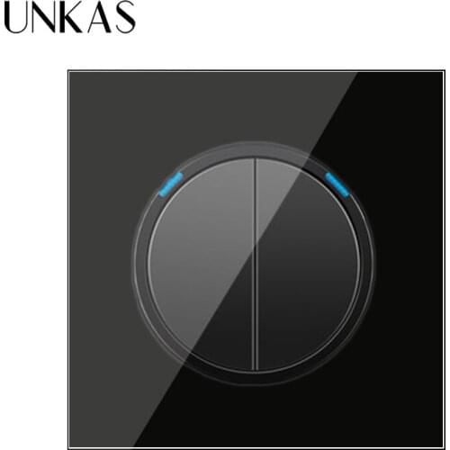 UNKAS 2 Gang 1 Way Black Crystal Tempered Glass Panel Random Click On / Off Wall Light Switch With LED Indicator Knight
